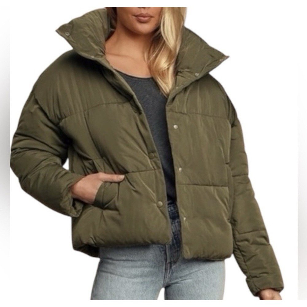 Free People Weekender Puffer Jacket In Olive Green Sz Small Snap Front